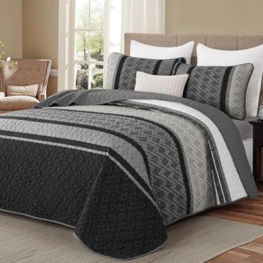 Imagem de Conjunto de colcha Queen, cinza escuro, listrado, tamanho Queen, conjunto de cama de outono com 3 peças de microfibra leve para homens, com 2 fronhas, preto e cinza, conjunto de cama para família 246