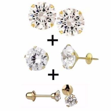 Imagem de Kit 3 Brincos 7mm 5mm 4mm Ouro 18k 750 Ponto De Luz - DR Joias