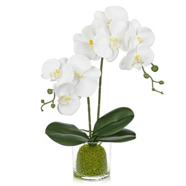 Imagem de Orquídeas brancas, flores artificiais, 41 cm, planta em vaso, arranjos de flores falsas com vasos de vidro, peças centrais brancas pequenas para cozinha, sala de jantar, banheiro, mesa de cabeceira