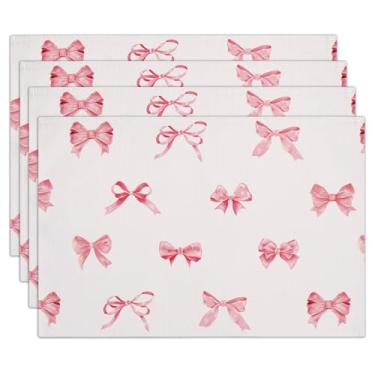 Imagem de Conjunto de 4 jogos americanos com laço rosa, 30 x 45 cm, impermeável, lavável e resistente ao calor, jogo americano de mesa para jantar, restaurante, decoração de casa de fazenda, decoração de mesa