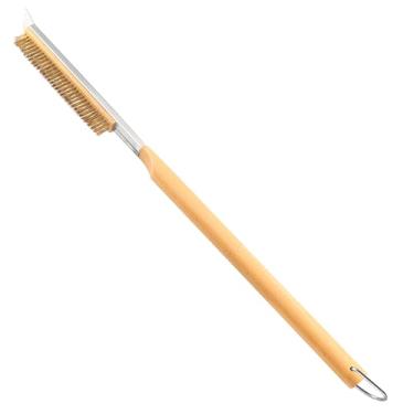 Imagem de Escova de pizza de 66 cm com raspador de pedra de aço inoxidável - cerdas de latão - cabo de madeira - anel suspenso - acessório para forno de pizza ao ar livre - compatível com fornos Ooni, Gozney