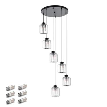 Imagem de vivihobb Lustre de cristal moderno de 6 luzes, grande pingo de chuva, lustre de teto alto para escadas, entrada, lâmpadas LED incluídas, preto, H110