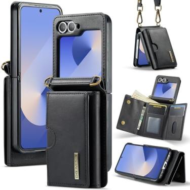 Imagem de Capa carteira para Samsung Galaxy Z Flip6, não removível, couro durável + TPU, 6 compartimentos para cartão, escova antirroubo, cordão removível, suporte embutido, capa de telefone à prova de choque