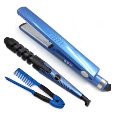 Imagem de Kit de Modelagem 3 em 1, Prancha Alisadora, Modelador Espiral e Pente, Azul