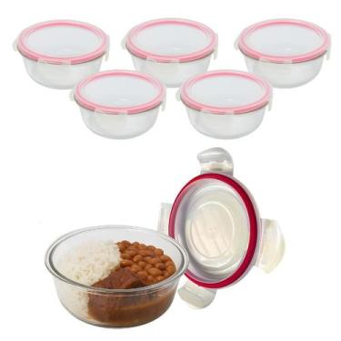 Imagem de Kit 5 Pote Vidro 950ml Redondo Não Vaza Marmita Tampa Hermético Vidro 