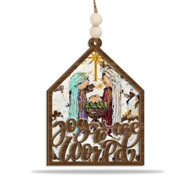 Imagem de Enfeite de Natal de Presépio – Decoração de Natal de Madeira "Joy to The World" com Sagrada Família e Estrela de Belém – Enfeite de árvore de Natal cristão rústico e presente de fé