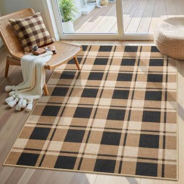 Imagem de AROGAN Tapete xadrez de juta 7,5 x 12,5 cm, tapetes xadrez preto e marrom para sala de estar interna, tapetes neutros laváveis, tapete de porta de boas-vindas para decoração de cozinha