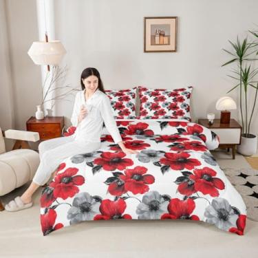 Imagem de Manfei Conjunto de edredom floral em aquarela, tamanho casal, flores vermelhas e cinza, 3 peças, botânico, floral, para todas as estações, decoração de quarto de meninos e meninas, 2 fronhas, sem
