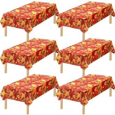 Imagem de Tegeme 6 peças de toalha de mesa descartável de folha de outono de Ação de Graças Abóbora Bordo, Toalha de Mesa de Plástico Retangular Impermeável para Decoração de Festas de Outono, 137 x 272 cm