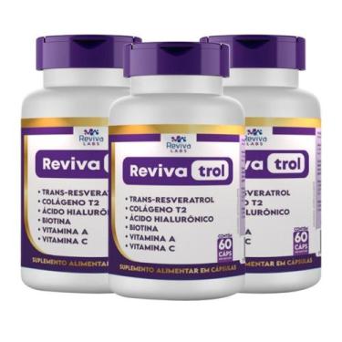 Imagem de RevivaTrol Kit 3 Potes. Trans Resveratrol 165 mg, Ácido Hialurônico, C