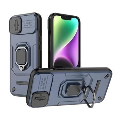 Imagem de SORAKA Capa para iPhone 14 com suporte de anel e capa de câmera deslizante para iPhone 14 com placa de metal para suporte magnético de carro, capa protetora de camada dupla em policarbonato rígido e