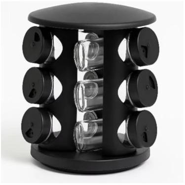 Imagem de Conjunto de Porta Condimentos Giratório, 9 Potes de Vidro com Tampa Dosadora, Base Preta, 500ml, Resistente ao Calor