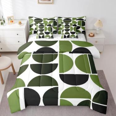 Imagem de Erosebridal Jogo de cama queen verde oliva em uma bolsa, 7 peças, retrô, de meados do século, para crianças e adultos, geométrico, vintage, arte abstrata, moderno, conjunto de cama