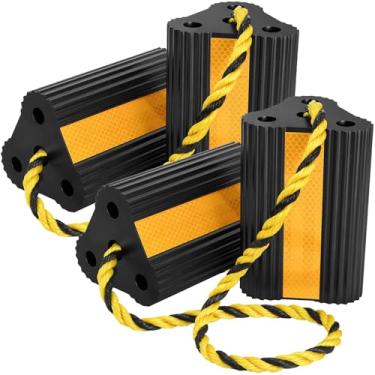 Imagem de Okllen 2 pares/4 calços de roda com corda para trailer, trailer, trailer, carruagem, blocos de calços de pneu de borracha resistente com 3 tiras refletivas, blocos imobilizadores anti-rolo