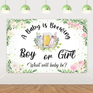 Imagem de JOYMEMO Garrafa azul rosa de 1,5 x 0,9 m e pano de fundo revelador de gênero de cerveja - decoração de chá de bebê verde sálvia A Baby is Brewing para celebração da gravidez