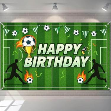 Imagem de HOMETITUTE Faixa vintage de feliz aniversário jogadores de campo de futebol bandeiras de bandeira de bola de troféu verde tema esportivo decoração de evento de feriado faixa de aniversário festa