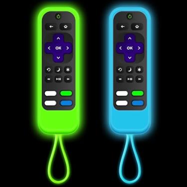 Imagem de [Pacote com 2] Capa para controles remotos de silicone compatível com TCL/Hisense-Roku Remote& Express 4K+ / Roku-StreamingStick+ (verde luminoso + azul) brilha no escuro