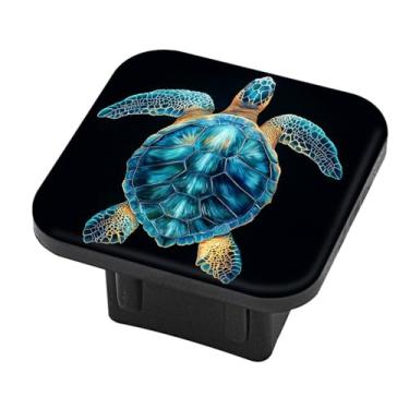 Imagem de Capa de engate serve para engate de 5 cm, traseira - vista da tartaruga marinha em borracha azul e dourada para engate de reboque inserção de plugue de tubo, acessórios externos de carro, plugue de