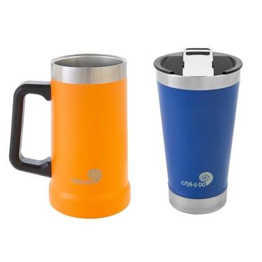 Imagem de Kit Breja com Caneca Térmica de Inox 500ml e Copo Inox com Tampa – Ideal para Cerveja, Bebidas Geladas e Presentes (Laranja e Azul)