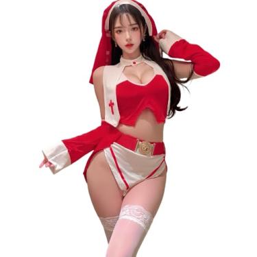 Imagem de QNCLO Fantasia de freira sexy cosplay feminina vestido de empregada gótico lingerie de empregada de Halloween, Vermelho, Tamanho Único