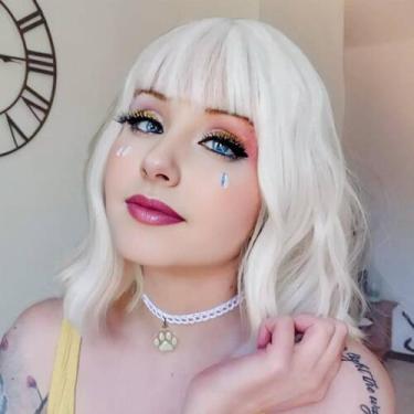 Imagem de Peruca AGO branca ondulada com franja, cabelo sintético de 14 cm para 