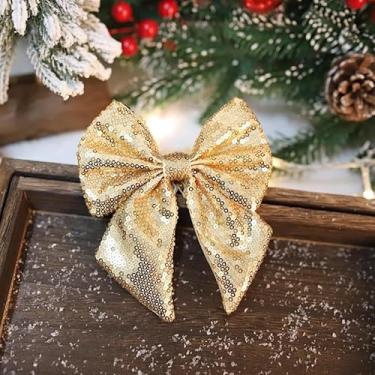 Imagem de Laço de lantejoulas de Natal elegante tecido glitter decoração de laço para guirlanda de árvore enfeite de presente festivo (ouro 1 peça)