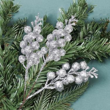 Imagem de 3 peças com glitter caules de bagas em pó de espuma artificial falsa galhos de frutas silvestres DIY árvore de Natal colheita de azevinho guirlanda decoração de mesa de festa, prata 23,5 cm de