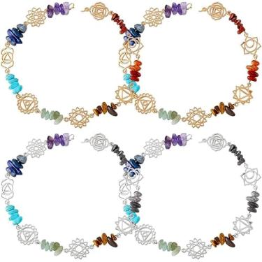 Imagem de 4 peças, 2 cores, pingentes de conector de pedras naturais, 7 cores, lascas de pedras mistas com flores tibetanas, pingentes de conector de pedra para pulseira faça você mesmo, colar, brinco