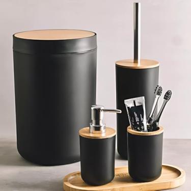 Imagem de Kit de Banheiro 4 Peças com Lixeira e Saboneteira, Preto com Bambu