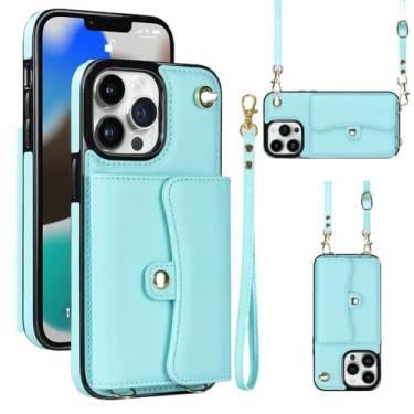 Imagem de Capa de telefone carteira crossbody com cordão para iPhone 15 14 13 12 11 Pro XS Max XR X Plus Capa com suporte para cartão Bolsa de couro, azul celeste, para iPhone 14 Plus