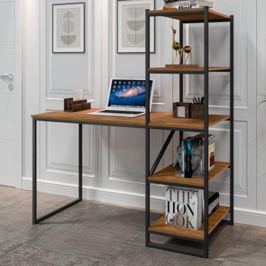 Imagem de Mesa Industrial Para Escritório Com Prateleira Frist Preto E Canela