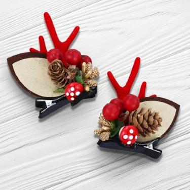 Imagem de 1 par de grampos de cabelo de Natal para mulheres, lindos chifres de rena 3D com gaze branca e contas vermelhas, acessórios de cabelo de Natal para festas, reuniões de férias e cabines de fotos