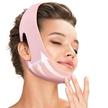 Imagem de Faixa de queixo feminina Uilita para dormir, redutor de papada, faixa de queixo ajustável, faixa para mandíbula, modelador de contorno facial, máscara de lifting facial em V.(Pink)