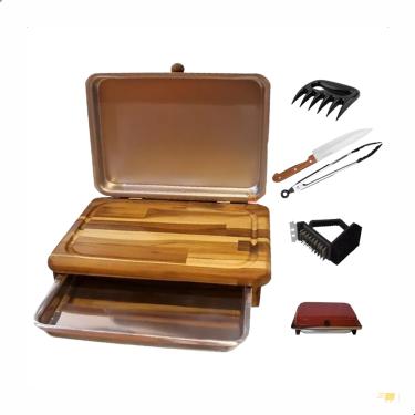 Imagem de Kit Churrasco Premium - Tábua com Tampa com Faca + Pegador + Garra de urso + Escova de aço - Vermelho