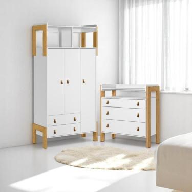 Imagem de Conjunto Infantil Fantasia Branco Acetinado: Cômoda Fantasia + Guarda-roupa Fantasia