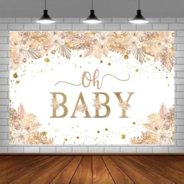 Imagem de Pano de fundo boho para chá de bebê de 1,5 x 0,9 m Oh Baby Pampas Grass fundo para fotografia de chá de bebê boêmio Oh suprimentos de decoração de festa de bebê adereços de cabine de fotos