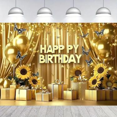 Imagem de Girassóis Feliz Aniversário Borboleta Bolinhas Douradas Presente Luxo Festa Pano de Fundo Grande Amarelo Girassol Aniversário Banner Foto Fundo para Mulheres Homens Meninos Meninas Decoração de Festa
