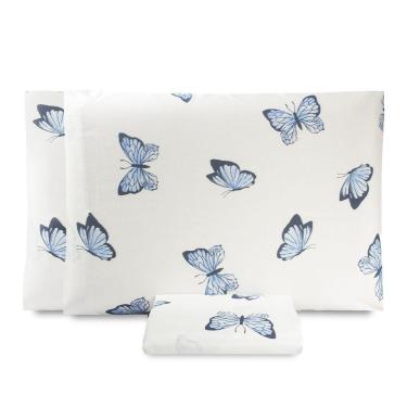 Imagem de Jogo De Lençol Casal Padrão Essencialle 150 Fios 3 Peças Borboletas Azuis