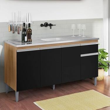 Imagem de Balcão Gabinete de Pia Tatiane 150cm Amêndoa/Preto S/Tampo 4 Portas 1 Gaveta