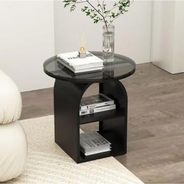 Imagem de JYXYXSCP Mesa lateral redonda de metal, tampo de vidro, espaço de armazenamento aberto, pequena mesa de centro redonda, mesa decorativa para sala de estar e quarto (branca)