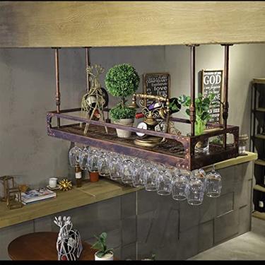 Imagem de Prateleira de armazenamento de unidade de bar rack de vinho vintage suporte de garrafa de vinho pendurado no teto taças de vidro prateleiras organizadoras de ferro de metal para casa bar cozinha