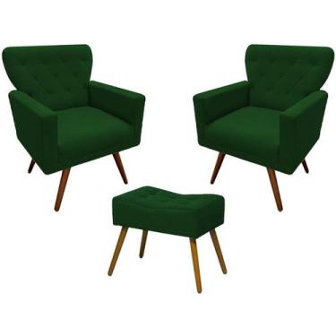 Imagem de Kit 2 Poltronas Decorativa Aurora + 1 Puff Retangular Suede Verde Pés 