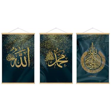 Imagem de Conjunto de 3 peças de pôster de parede de caligrafia árabe alcorão muçulmano Alá islâmico, arte em tela com molduras, para decoração de casa de escritório, quarto, sala de estar, decoração de parede