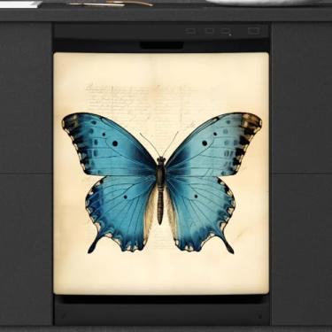 Imagem de Capa magnética para lava-louças, borboleta, vintage, azul, magnética, para lava-louças, capa de porta magnética, decalque para máquina de lavar louça, decoração de eletrodomésticos de cozinha, 58 x 66