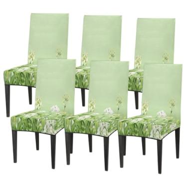 Imagem de hongjinglin Conjunto de 6 capas elásticas para cadeira de sala de jantar, capa protetora de assento de cadeira, planta verde, fresca, removível, lavável, para cozinha, casa, hotel, banquete, festa de