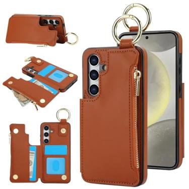 Imagem de Capa carteira para Samsung Galaxy S24 FE, 3 compartimentos para cartão, 1 bolso com zíper, suporte de fecho magnético com suporte de anel à prova de choque com bloqueio de RFID (marrom)