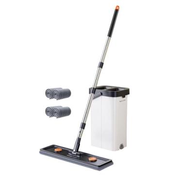 Imagem de YWJLQH Conjunto de esfregão e balde com espremedor, esfregão plano, menos esforço com almofadas de reposição, rotação de 360 ​​graus para piso de madeira, 40cm 4 Almofadas