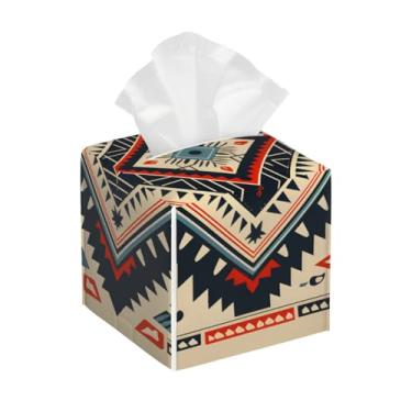 Imagem de Porta-lenços de papel quadrado de couro impermeável étnico retrô boêmio facial organizador de papel com cinto inferior cubo estojo de lenços para mesa, banheiro, escritório, mesa, carro, decorativo