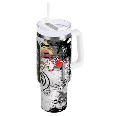 Imagem de xigua Music Notes Copo de 850 g com tampa e canudo, aço inoxidável de vácuo duplo isolado garrafa de água esportiva suporte para copo de café de viagem à prova de vazamento para bebida gelada