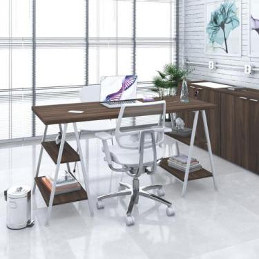 Imagem de Mesa Kuadra Cavalete 150X60X75cm - Compace Decor, Nogal / Est.Branca